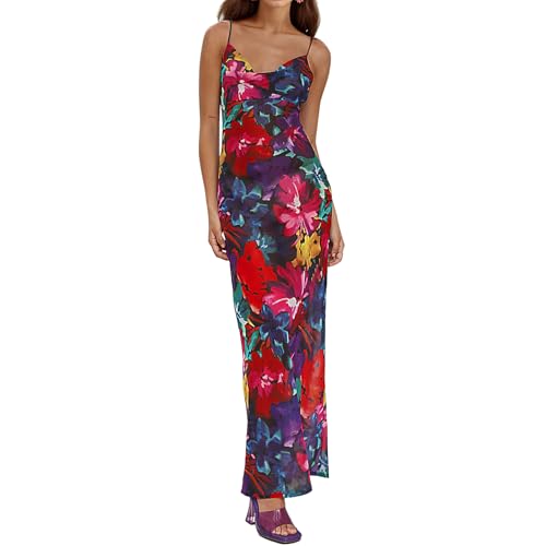 Image of Women's Spaghetti Strap Maxi Dress Floral Print Bodycon Long Dress Summer Beach Vacation Wedding Guest Outfits