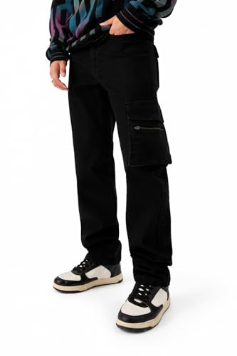 Jean cargo noir homme multi-poches en denim extensible coupe droite confortable
