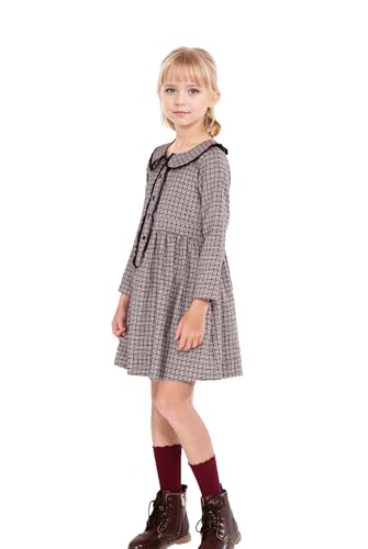 solomate Girl's Peter Pan Collar Cotton Plaid Dress Ruffled Trim Gingham Dress with Shell Buttons for Kid3