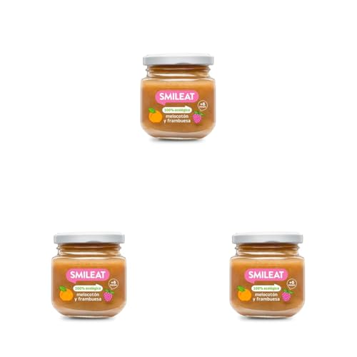 Smileat - Tarrito de Frutas Ecológicas con Melocotón y Frambuesa para peques +6 Meses - Sin Azúcar Añadido, Sin Sal, Sin Leche, Sin Huevos - 130g (Paquete de 3)
