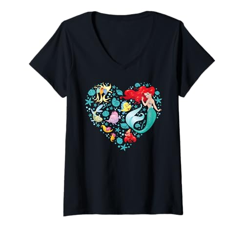 Femme Disney Princess Ariel Flounder and Sebastian Collage Heart T-Shirt avec Col en V