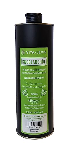 OHNE Konservierungsstoffe! Knoblauchöl 100% sortenreines Olivenöl aus der Koroneiki-Olive + Knoblauch aus deutschem Lande. 1000ml Weissblechdose.