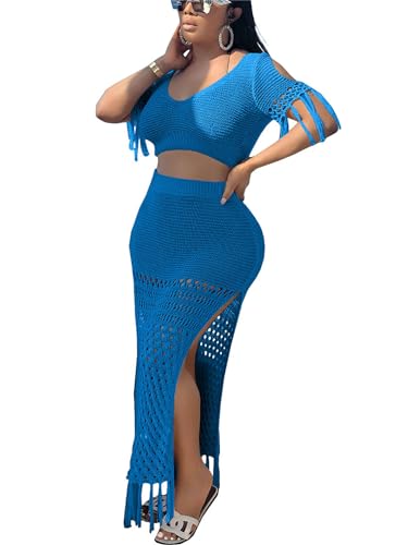 Image of CALEBGAR 2 Piece Outfits for Women Sexy Crochet Tassel Split Midi Dress Summer V Neck Knitted Hollow Crop Tops Y2K Streetwear