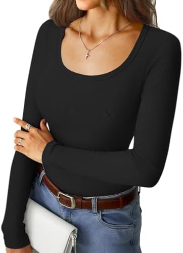 Women's Long Sleeve Tops Casual Scoop Neck Ribbed Knit Slim Fitted Basic Tee Shirts 2025 Fall Trendy Outfits