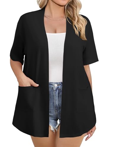Image of IN'VOLAND Women Plus Size Lightweight Cardigan Short Sleeve Open Front Casual Summer Kimonos Cardigans with Pockets