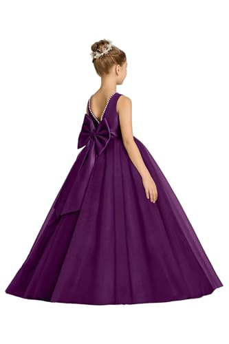 Satin Tulle Flower Girl Dress for Wedding Girl's Pearls Formal First Communion Dresses with Bowknot