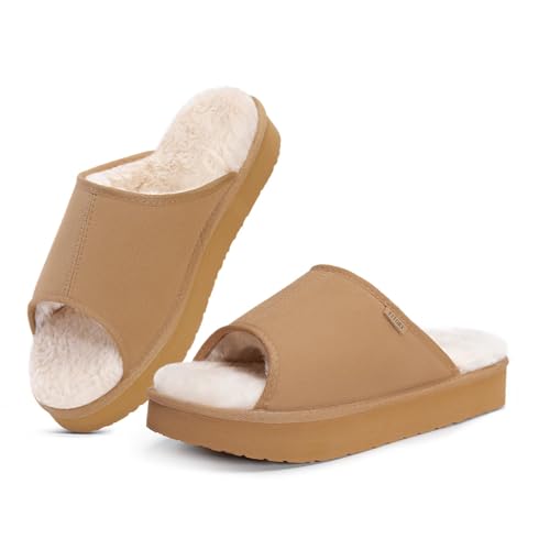 Fitory FITORY Womens Open Toe Slippers,Faux Rabbit Fur Cork Slides Sandals