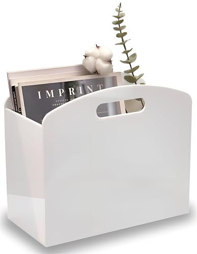 Meicloud Porte-revues blanc – Porte-revues en acrylique avec poignées, panier moderne Lucite pour magazines et livres pour salle de bain, chambre à...