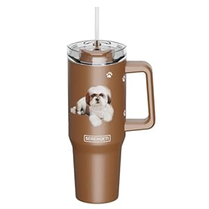 SERENGETI 40 Oz Ultimate Tumbler with Handle and Straw – Vacuum Insulated Tumbler with Straw and Lid – Stainless Steel Travel Mug for Pet Lovers – 3D Designs of your favorite Dog (Shih Tzu Tan)