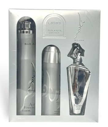 Maahir Legacy Set 3 Piezas – Perfume 100ml + Desodorante 200ml + Ambientador 300ml | Aroma Elegante y Duradero