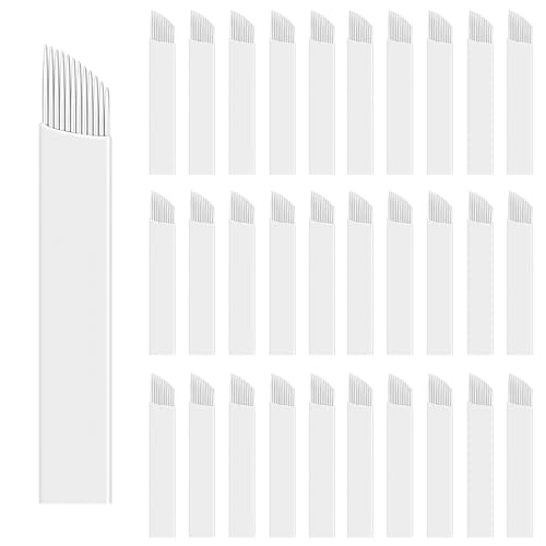ZJIVQO 50pcs Microblading Blades for Eyebrows Tattoo 12 Pins Sloped Needles for Eyebrow Semi Permanent Makeup Stainless Steel Permanent Makeup Manual Eyebrow Tattoo Needle,White