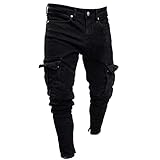 Mens Slim Fit Cargo Jeans Multi Pocket Skinny Pencil Denim Pants Fashion Casual Streetwear Hip Hop Jean Trousers (Black,L)