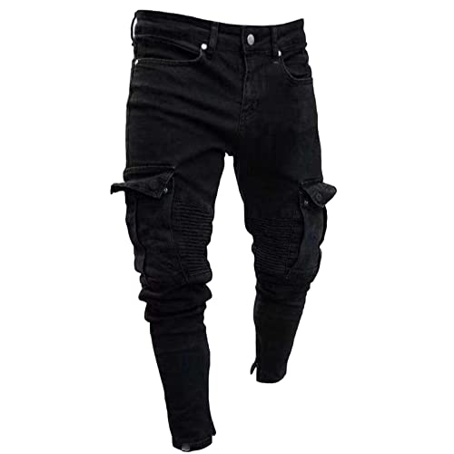 Men's Pleated Pocket Skinny Jeans Male Slim Fit Pockets Cargo Denim Pants Men Slim Fit Knee Pocket Fold Jeans