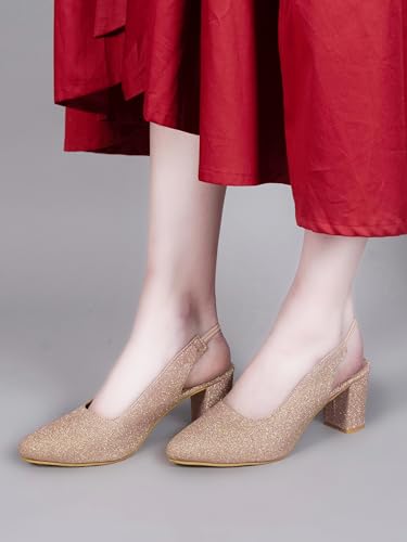 Image of Classic Closed Pointed Toe Mid Block Thick Heel Slingback Pumps for Women Signora104| Glitter Fabric Dress Shoes | Wedding Party | Evening Trendy Signora104