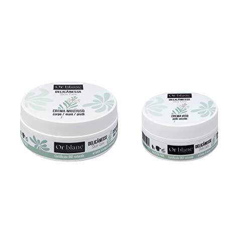 1 Crema Multiuso corpo/mani/piedi 150 ml + 1 Crema viso pelli secche 50 ml bio al latte dasina e santoreggia montana, idratante e nutriente. 100% naturale.