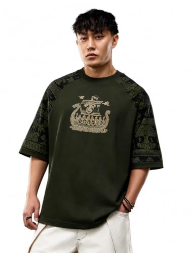 Image of The Souled Store Vikings: Longship Men and Boys Short Sleeve Rpund Neck Brown Embroidered Cotton Oversized Lightweight Breathable Drop Shoulder Streetwear T-Shirts
