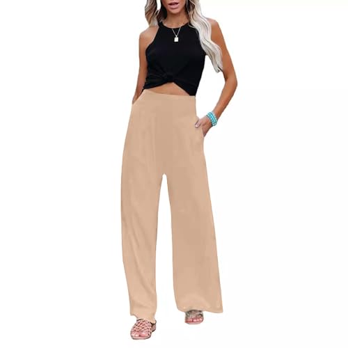 Women Linen Palazzo Pants Summer Boho Wide Leg High Waist Casual Pant Trousers with Pockets3