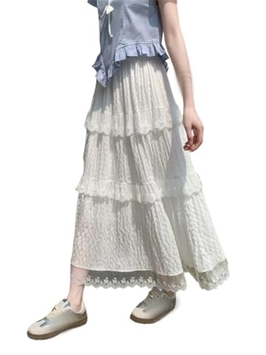 Women Lace Flower Spliced Skirts Elastic High Waist Fairy Skirt Summer Thin Beach Midi Skirts3