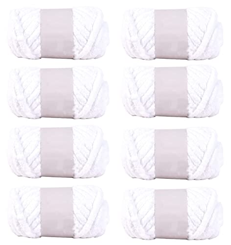 Super Bulky Chunky Blanket Chenille Yarn For Arm Knitting, Luxury Thick Polyester Jumbo Weaving Crochet Craft Yarns For Throw Blanket Pillows (White, 8 Pack / 2Kg) #TOP6