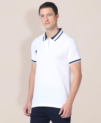 Image of U.S. POLO ASSN. Solid Slim Fit Polo T Shirt for Men - 100% Cotton, Half Sleeves Mens Tshirt - L, White