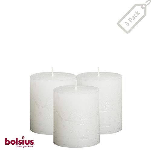 BOLSIUS Unscented Pillar Candles - Rustic Full Metallic White Candle - Aprox 2.75" x 3.25" Decorative Candles Set of 3 - Clean Burning Candles for Wedding & Home Decor Party Restaurant Spa- (80/68m)