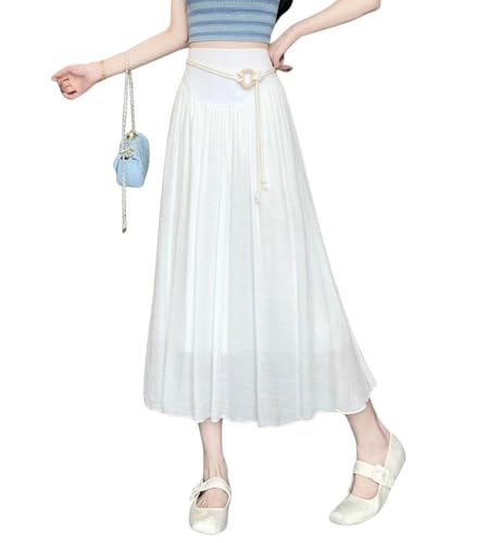 chouyatou Women's High Elastic Waist Swing Skirt Flowy Pleated Cotton Linen Midi Long Skirt with Belt