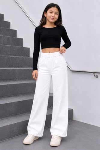 Image of ADBUCKS Girl's Stretch Denim Wide Leg Jeans Comfort Fit with Elastic Waistband, Straight Cut, Casual Style for All Seasons, Versatile Clothing