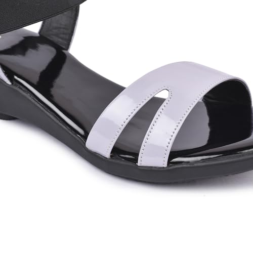 Image of Action Women's Patent Platform Sandals|Open Toe| Elastic Ankle Strap| Wedge Heel Black