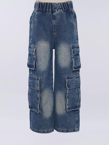 Kids Girls Cargo Jeans Elastic High Waist Baggy Trousers Straight Wide Leg Denim Pants with Flap Pockets3
