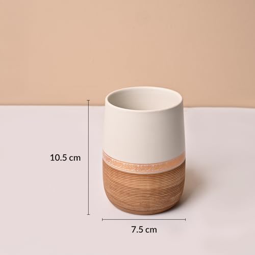 Image of Market99 Ceramic Bathroom Set of 4 in Matte Golden & White with Elegant Wooden Elegance Design, Includes Soap Dispenser, Tumbler, Toothbrush Holder, and Soap Dish, Soap Dispenser 400 ML Capacity