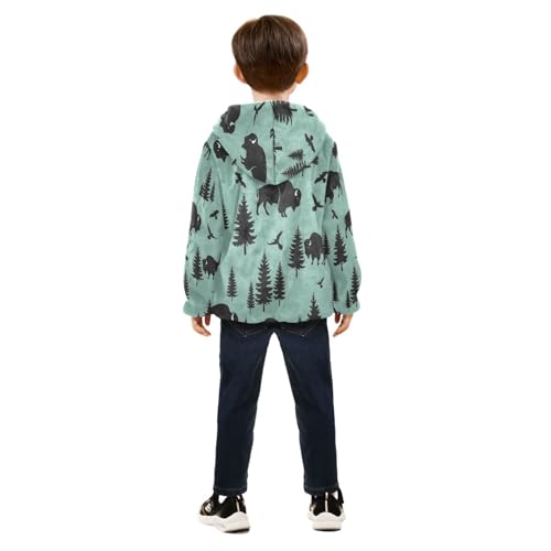 Buffalo Trees Birds Pattern Toddler Fleece Jacket Girl Boys Hooded Fleece Jacket Coat Warm Outwear Zip-up 3-10T4