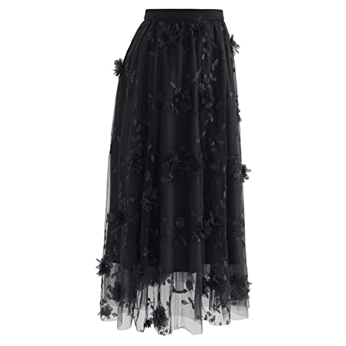 CHICWISH Women's 3D Mesh Flower Embroidered Tulle Midi Skirt4