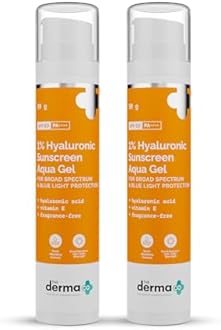 The Derma Co 1% Hyaluronic Sunscreen Aqua Gel SPF 50 PA++++ | Hydrating, Lightweight & Non-Greasy | No White Cast | Broad Spectrum & Blue Light Protection | Clinically Tested - (In-Vivo) | 50 g Pack of 2