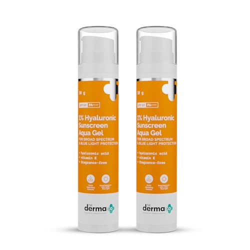 The Derma Co 1% Hyaluronic Sunscreen Aqua Gel SPF 50 PA++++ | Hydrating, Lightweight & Non-Greasy | No White Cast | Broad Spectrum & Blue Light Protection | Clinically Tested - (In-Vivo) | 50 g Pack of 2