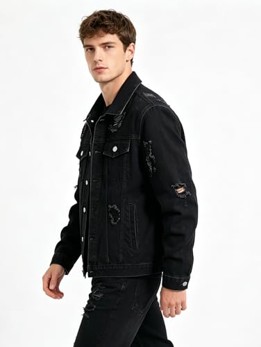 Image of Men's Denim Jacket Patchwork Fringe Jacket Slim Jean Jacket Streetwear Coat