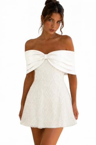EDECPBM Pearl Beaded Short Wedding Dress Off Shoulder Sequins Mini Bridal Party Dress Corsrt Bachelorette Cocktail Dress White US26W
