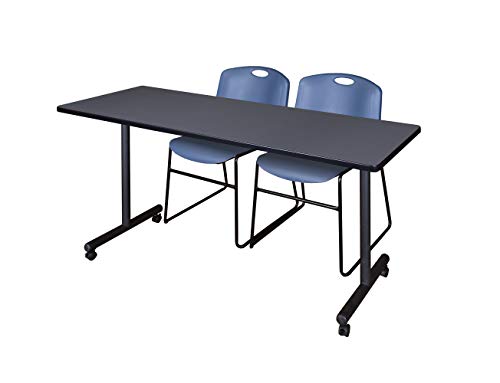 Image of Regency Kobe 66 x 24 in. Mobile T-Base Training Table- Grey, 2 Zeng Stack Chairs- Blue