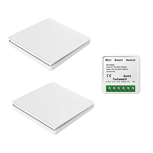 Funkschalter Set - Funk-Wandschalter Lichtschalter mit Empfänger - 30M Reichweite Drahtlos Kinetischer Batterieloser | 1-Kanal/2-Schalter