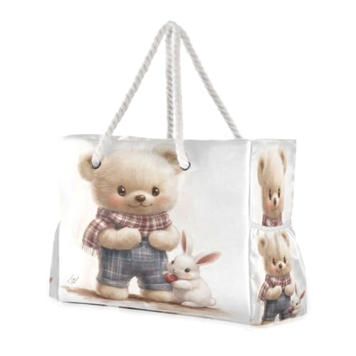 Cartoon Teddy Bear (1) Beach Bag & Travel Tote Bag Large Sandproof with Zipper Closure, Wet Pouch for Swim Gym Travel
