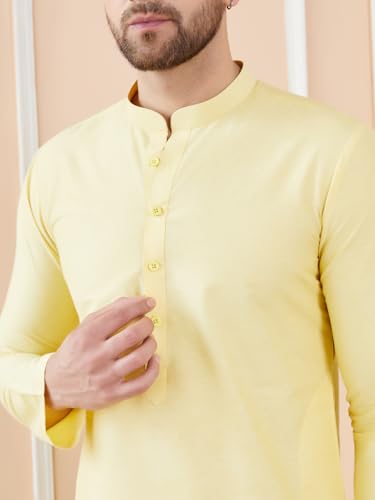 Image of See Designs Men Full Sleeve Sleeve Side Slit Mandarin Collar Cotton Solid Straight Kurta with Pyjama