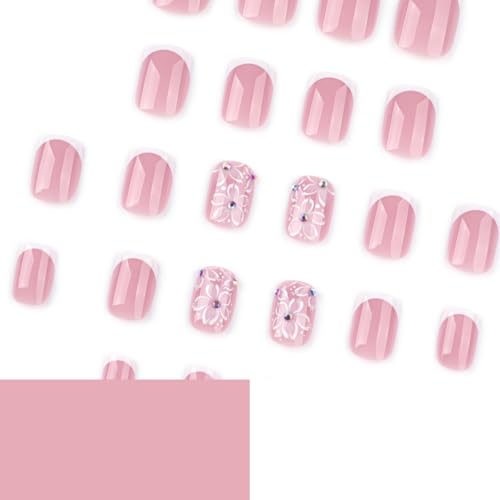 Image of Short Square Press on Nails White French Tip Fake Nails Flower Nail Press ons Glossy Full Cover Glue on Nails Reusable Artificial Acrylic Stick on Nail Nude False Nail for Women Manicure 24Pcs