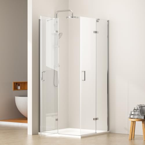 EMKE Duschkabine 75x90 cm Eckeinstieg Pendeltür mit Seitenwand, Duschabtrennung Duschtür Falttür Faltbar Drehfalttür Eckeinstieg Duschkabinen, 5mm Duschwand Glas Faltdusche Höhe 195 cm