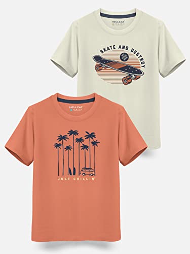 Image of HELLCAT Trendy Typographic Printed Cotton Blend Half Sleeve T-Shirt for Boys - Pack of 2