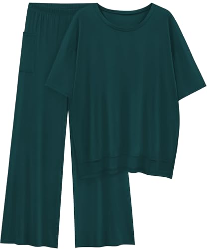Image of KevaMolly 2 Piece Lounge Set for Women Postpartum Oversized Tops and Wide Leg Pants Soft Comfy Pajamas Set 2 Piece Outfits
