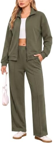 Terecey Trainingsanzug Damen Zweiteiler Stehkragen und Weite Hose | Freizeitanzug Damen, Full Zip Jacke, Lockere Passform, Elastische Bündchen, Alltag Büro Reisen und Zuhause