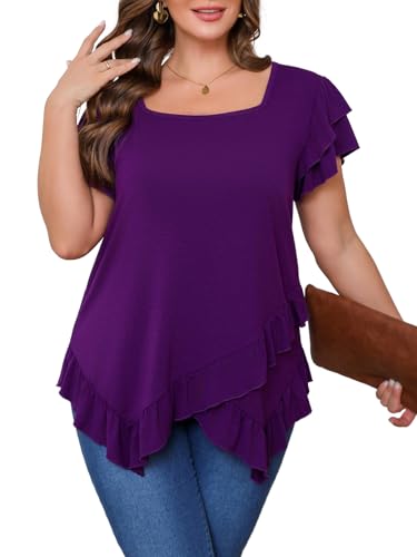 Beauhuty Womens Plus Size Shirts Square Neck Loose Tops Ruffled Hem Tunic Casual Flowy Dressy Blouses Ruffle Short Sleeves