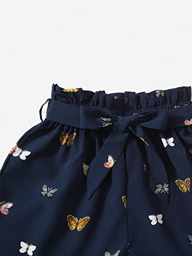 Wdirara Girl's Butterfly Print Paperbag Waist Belted Wide Leg Cute Shorts Navy Blue 10Y #TOP2