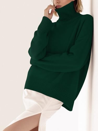 Image of YKR Women's Turtleneck Sweater Chunky Long Sleeve Knitted Pullover High Low Hem Sweater Jumper Top ArmyGreen M