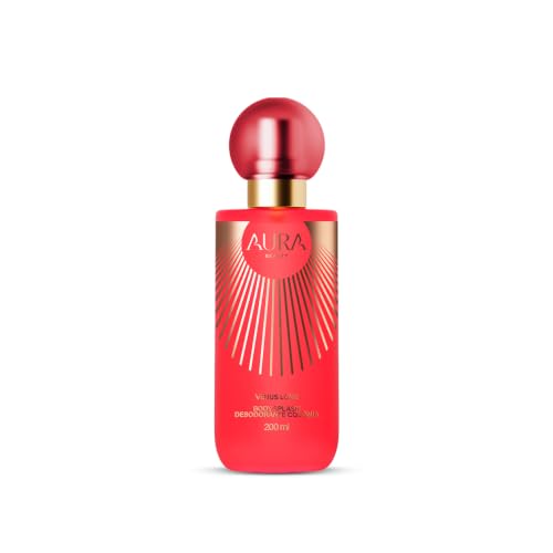 Frasco de Body Splash Venus Love da Aura Beauty, cor rosa vibrante com detalhes em dourado e tampa esférica, capacidade de 200ml.