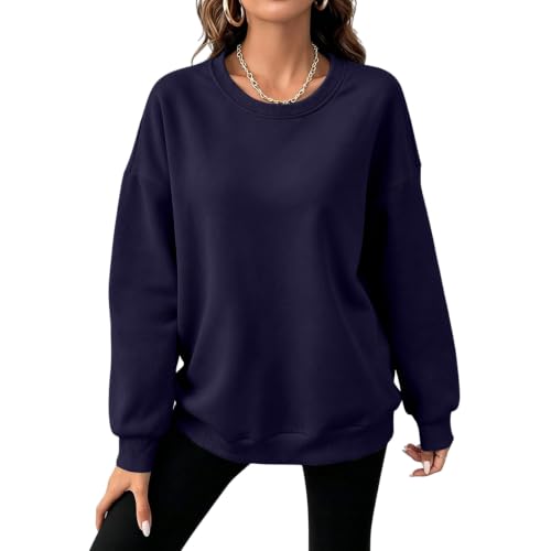 Image of Ladies Solid Fleece Round Neck Sweatshirt Long Sleeve Loose Pullover Navy